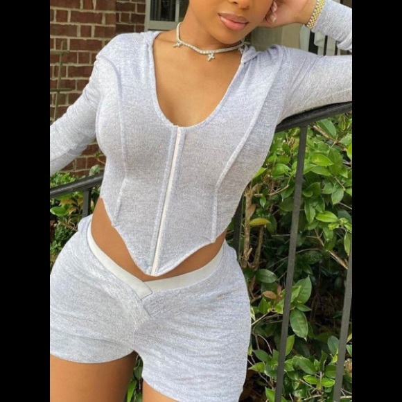 Asymmetrical Pink Hooded Long Sleeve Zip Up Jacket Style Crop Top & Short Outfit - Picture 2 of 6